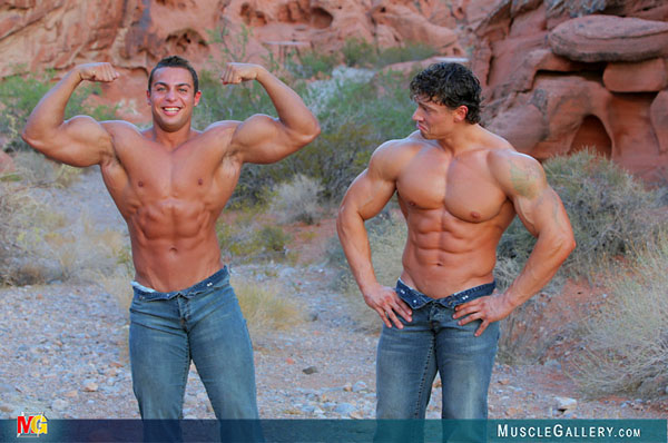 Bodybuilders having a pose-off in the desert
